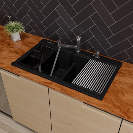 Alfi Brand 33 inch Granite Composite Workstation Double Bowl Drop In Sink w Accessories AB3418DBDI-BLA